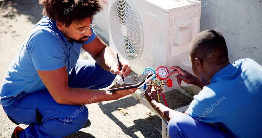 HVAC technician performing maintenance on an outdoor condenser unit